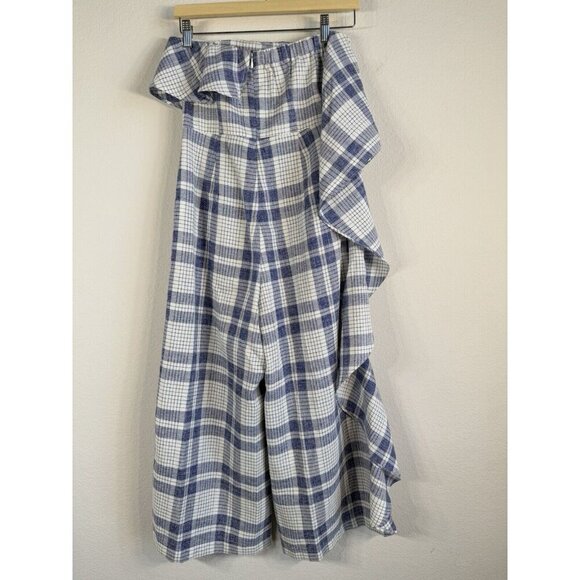 Gianni Bini Women’s Ruffle Front Navy White Plaid Culotte Jumpsuit Romper Size S - Picture 11 of 15